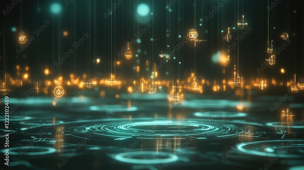 Fototapete Conceptual image of CBDC technology with digital currency symbols and secure data streams, representing the future of digital payments