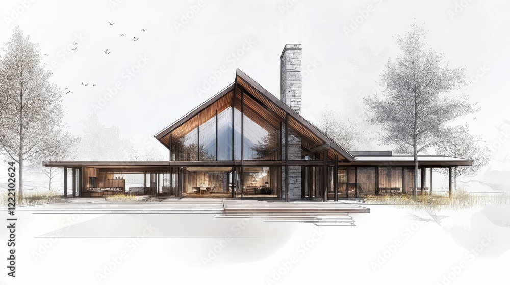 Poster modern architecture design with large windows and natural surroundings