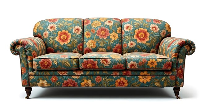 vintage 1960s 1970s tacky ugly flower patterned sofa couch, kitsch, bold, colorful, psychedelic, groovy, outdated, nostalgic, eccentric, loud, garish, patterned, paisley, mustard yellow, retro, green