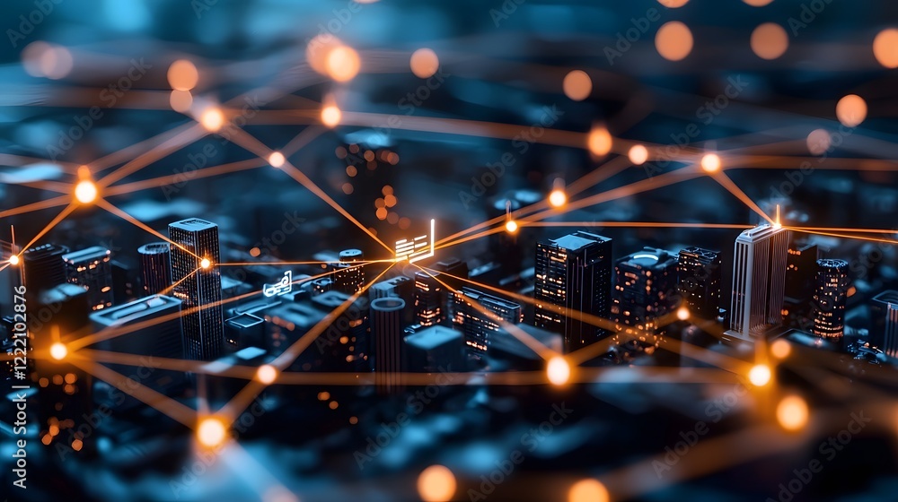 Poster futuristic digital transformation in smart city environment with interconnected illuminations a 3d s