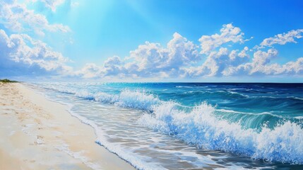 Sandy beach with crystal-clear waves crashing against the shore under a bright blue sky