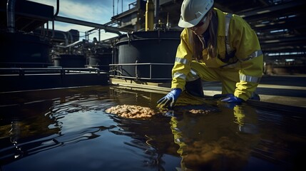 Factory Worker Carefully Inspecting the Transformation of Oil into Sustainable Biofuel in an Industrial Production Facility