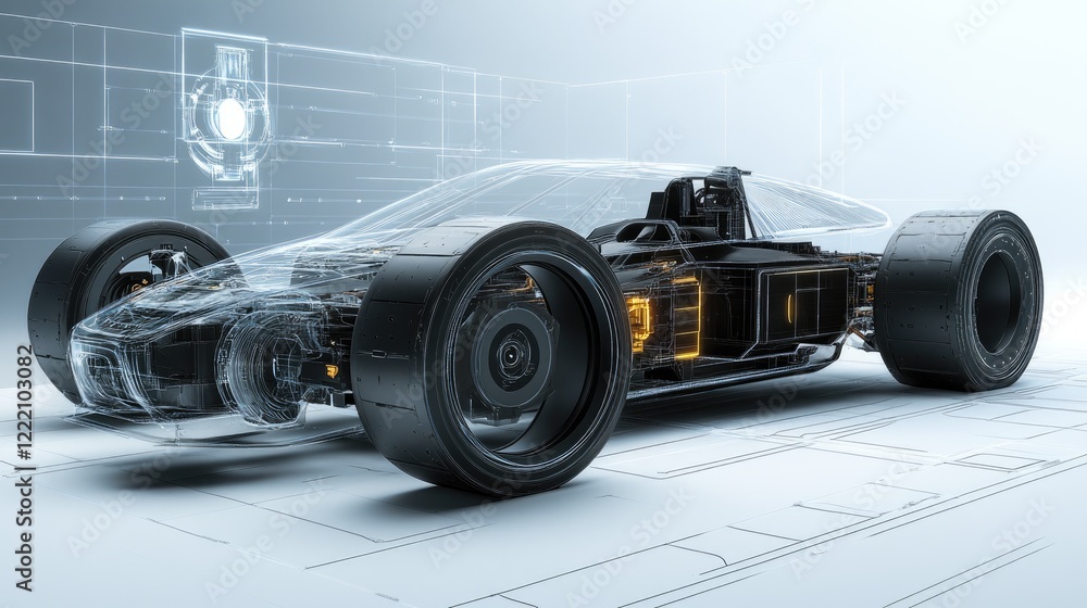 Poster designer focused on creating the layout of an electric sport car suspension system, with holographic