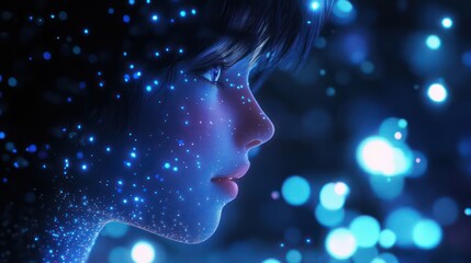 AI humanoid's face, composed entirely from glowing particles that create intricate patterns and shapes floating in the air.