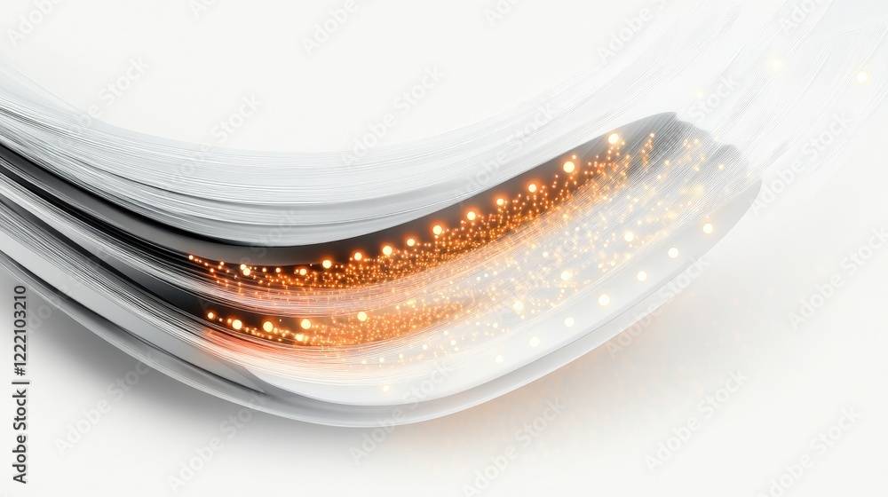 Poster detailed diagram illustrating the inner layers of a fiber optic cable, glowing with light, on a clea