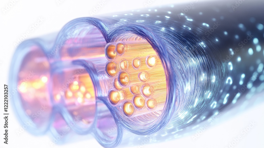 Poster detailed diagram illustrating the inner layers of a fiber optic cable, glowing with light, on a clea