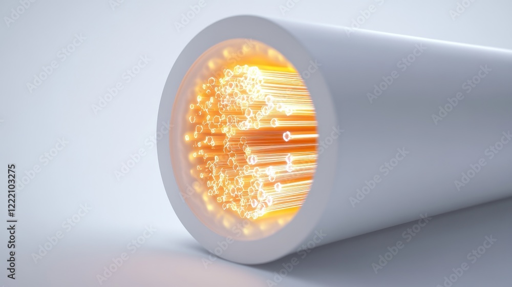 Poster detailed diagram illustrating the inner layers of a fiber optic cable, glowing with light, on a clea