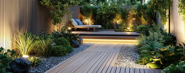 Obraz premium Water conservation minimalist concept. A serene garden pathway illuminated by soft lights amidst lush greenery and wooden deck.
