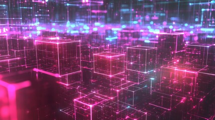 Digital abstract scene of floating data cubes connected by vibrant energy lines, illustrating futuristic networks and technological connections