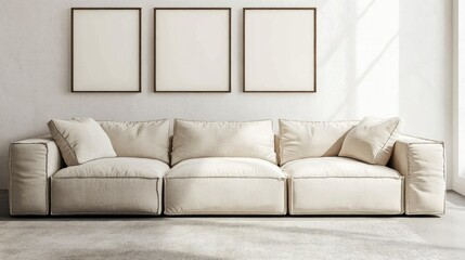 Modern beige sofa with three blank frames in minimalist room.