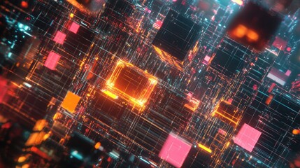 Obraz premium Digital abstract scene of floating data cubes connected by vibrant energy lines, illustrating futuristic networks and technological connections