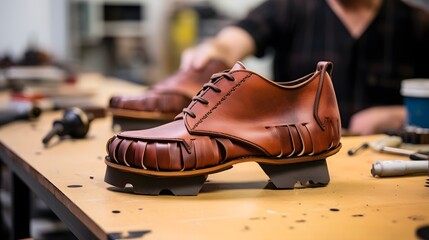 Transformation of raw leather into finished shoes in a skilled workshop setting showcasing the intricate process of shoemaking and artisanal craftsmanship