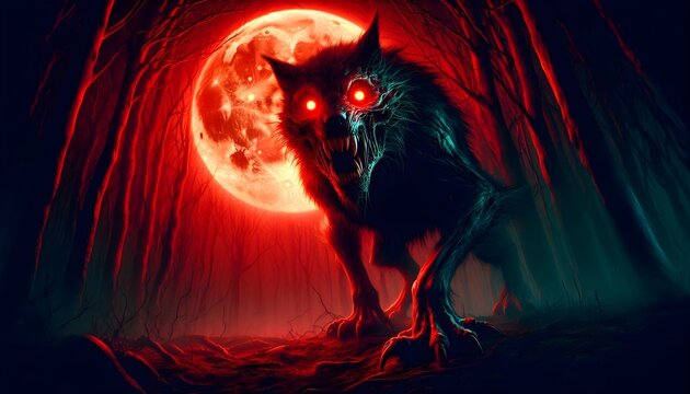 A sinister wolf-like creature with glowing eyes and distorted features, prowling under an eerie red moon in a dense, shadowy forest, symbolizing abominably unnatural fear