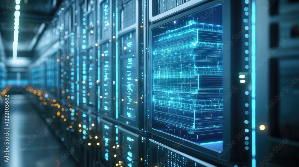 Poster digital screen showcasing a 3d holographic model of an energy storage system in a futuristic researc