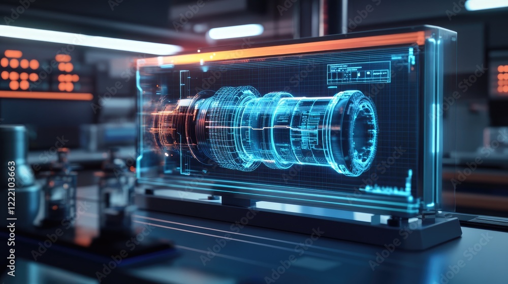 Poster digital screen showcasing a 3d holographic model of an energy storage system in a futuristic researc