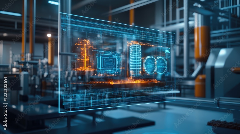 Poster digital screen showcasing a 3d holographic model of an energy storage system in a futuristic researc