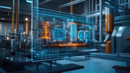 Digital screen showcasing a 3D holographic model of an energy storage system in a futuristic research laboratory, symbolizing breakthrough technology and innovation