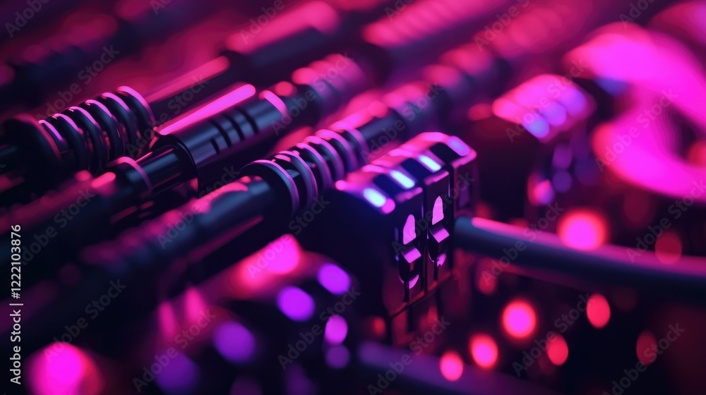 Poster Display of MTP (MPO) pigtail and patchcord fiber optic connectors in a tech setting, symbolizing high-speed connectivity and advanced networking solutions
