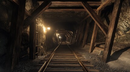 Dimly lit underground tunnel in an old gold mine, with worn tracks and wooden beams, evoking the history of gold mining operations deep in the earth