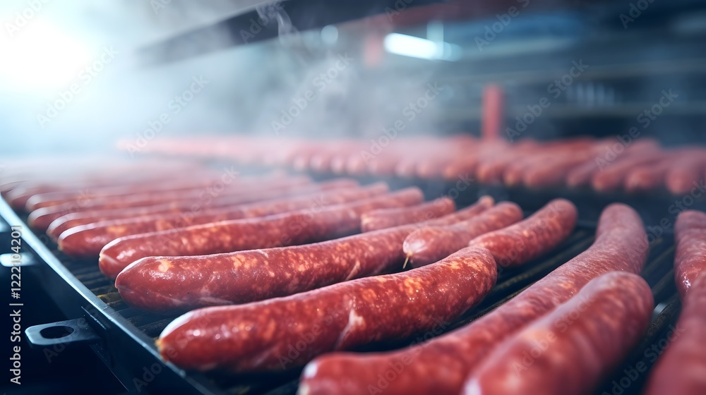 Poster automated process of transforming fresh meat into packaged sausages on a production line in a modern
