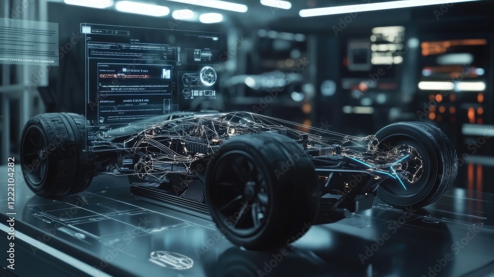 Poster Dynamic holographic interface with a 3D model of a sport car energy system, featuring interconnected advanced components and energy flow data