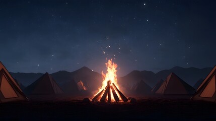 Glowing campfire nestled among tents under a breathtaking starry night sky in the untamed wilderness creating a serene and captivating outdoor adventure scene