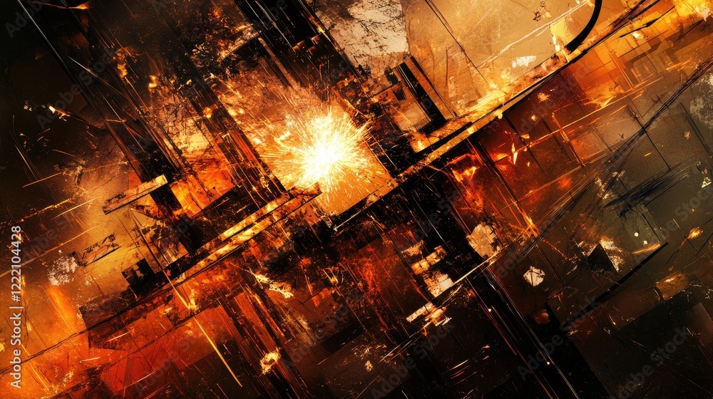 Poster dynamic industrial abstract featuring sparks from welding, metallic surfaces, and manufacturing elem