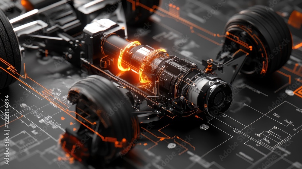 Poster electric sport car suspension system model with a glowing digital interface and detailed blueprint, 