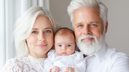 Happy grandparents with newborn baby at home