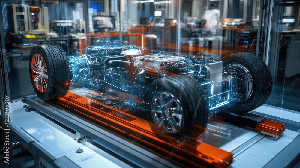 Poster Electric vehicle powertrain surrounded by holographic elements in a cutting-edge lab, displaying live performance metrics, diagnostics, and data analysis
