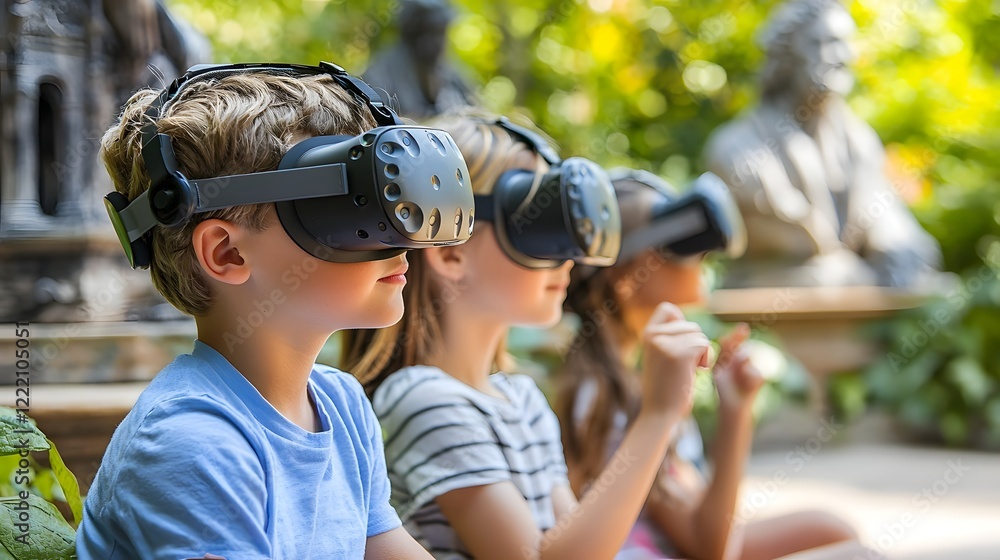 Poster group of children using cutting edge virtual reality headsets to virtually explore and learn about h