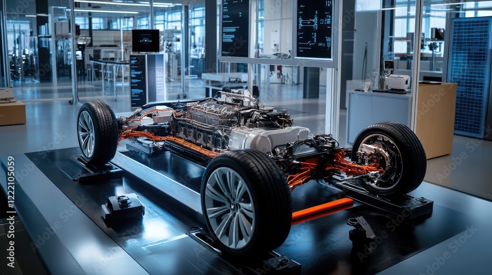 Poster electric vehicle powertrain surrounded by holographic elements in a cutting-edge lab, displaying liv
