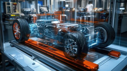 Fototapeta premium Electric vehicle powertrain surrounded by holographic elements in a cutting-edge lab, displaying live performance metrics, diagnostics, and data analysis