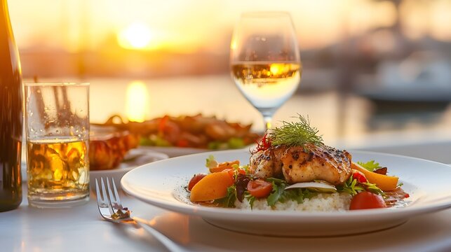 Gourmet dinner served aboard a luxury catamaran at twilight with the sun setting over the water  An upscale exclusive dining experience on the open sea