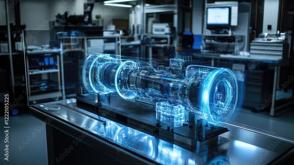 Aufkleber Electric vehicle powertrain in a cutting-edge lab with dynamic holograms displaying live performance stats, diagnostics, and system optimization