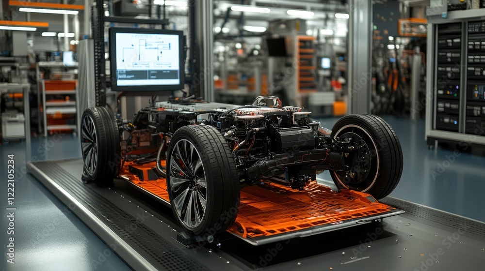 Poster Electric vehicle powertrain in a cutting-edge lab with dynamic holograms displaying live performance stats, diagnostics, and system optimization