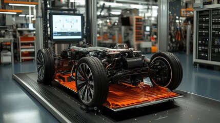 Fototapeta premium Electric vehicle powertrain in a cutting-edge lab with dynamic holograms displaying live performance stats, diagnostics, and system optimization