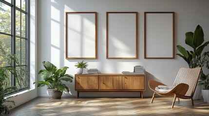 Fototapeta premium Scandinavian modern living room with neutral tones and cozy decor. Generative AI