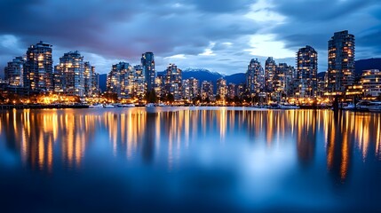 Obraz premium Illuminated Skyscraper Buildings of a Vibrant City Skyline Reflected on the Calm Waters of a River at Serene Twilight