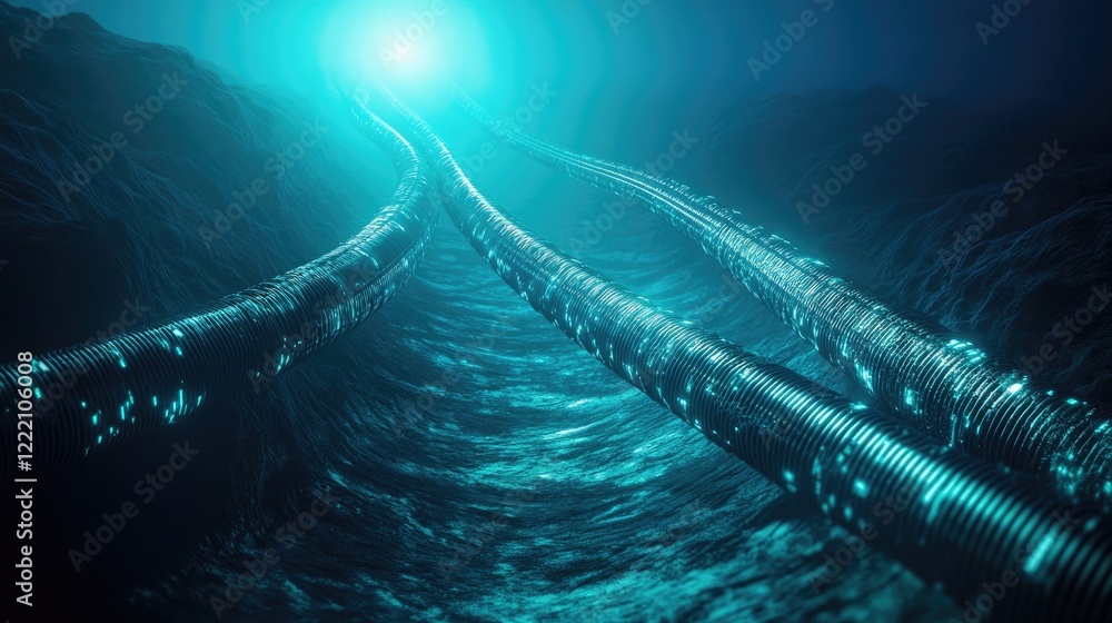 Poster fiber optic cables stretching across the seabed, transmitting high-speed communication signals benea