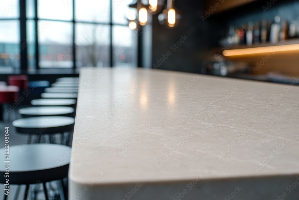 Poster polished stone countertop highlighting delicate veining stands against metal stools and pendant ligh