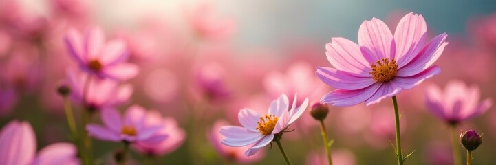 Naklejka premium Pink and white cosmos sway gently in the wind, petals, pink flowers, garden