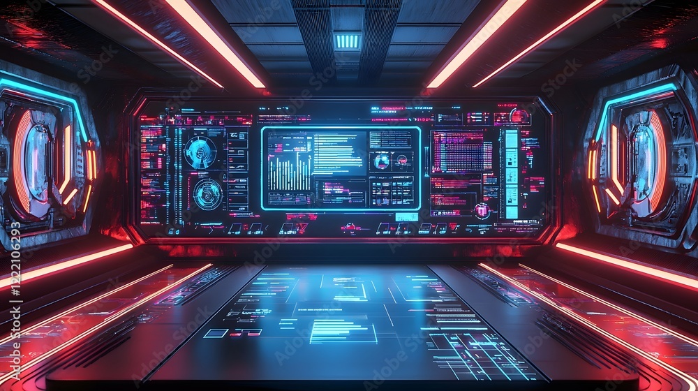 Aufkleber inspiring futuristic workspace with a large interactive screen displaying a new business strategy pl