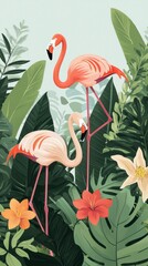 Tropical Flamingo Paradise  Summer Floral Background