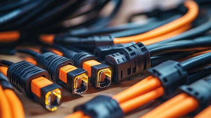 Fiber optic MTP (MPO) pigtail and patchcord connectors laid out in a precise, professional setting, highlighting their importance in high-speed networks