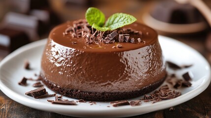 Chocolate mousse with mint and chocolate shavings on a white plate
