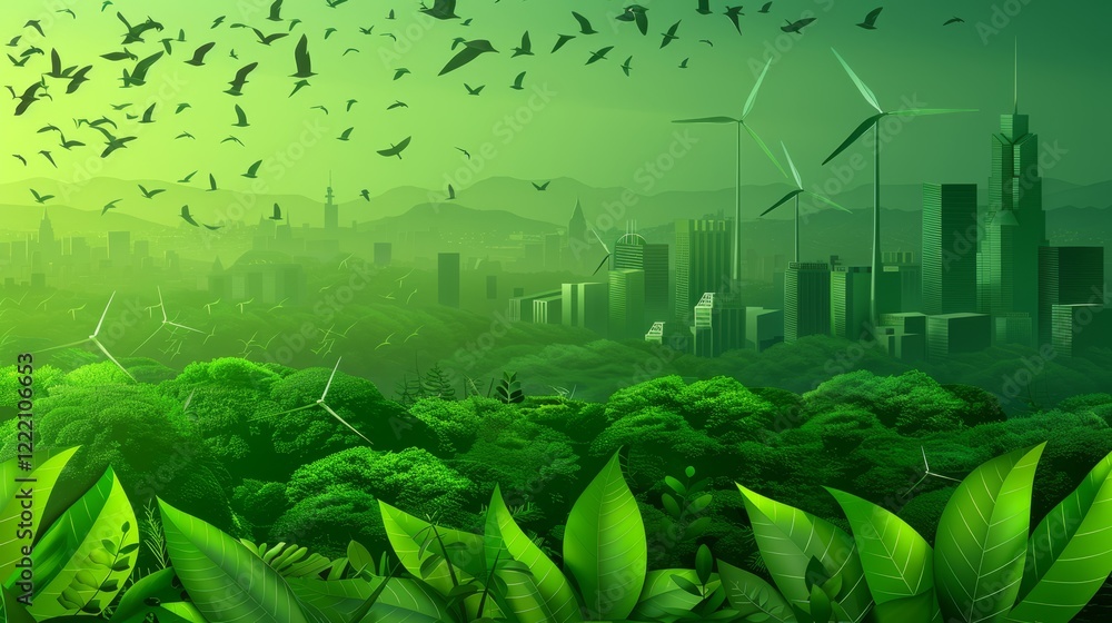 Poster Sustainable architecture  integrating greenery and paper buildings on a light background