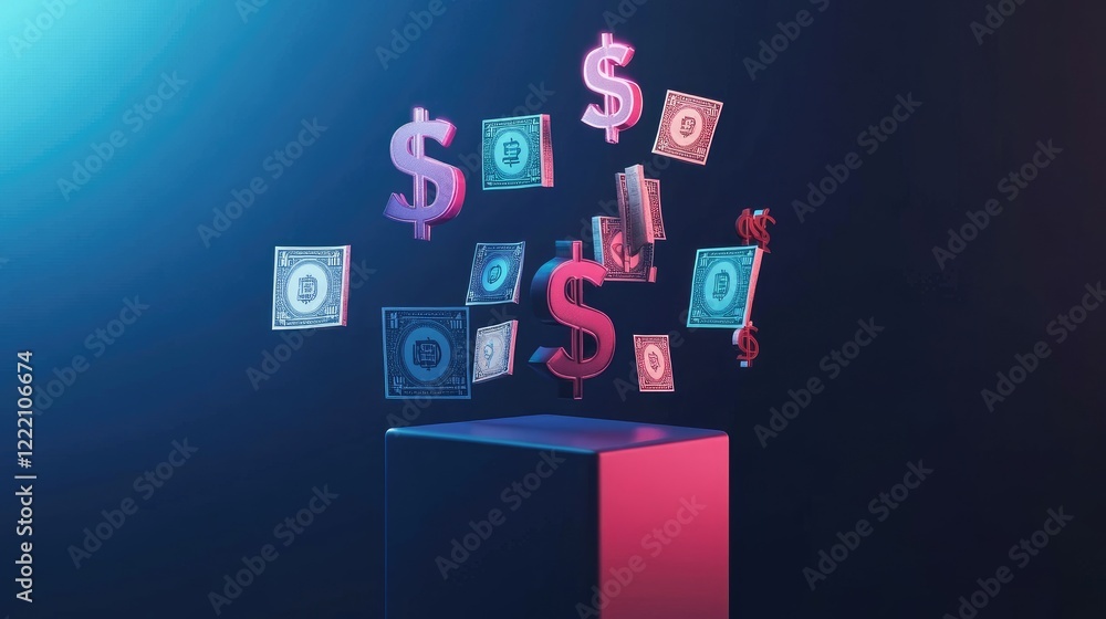 Poster floating currency symbols placed on a futuristic cubic pedestal, showcasing digital finance and econ