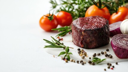 Meat alternatives foods idea. Fresh ingredients including meat, herbs, and vegetables on a white background.