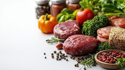 Meat alternatives foods idea. Fresh meat and vegetables with spices on a clean surface, ready for cooking.
